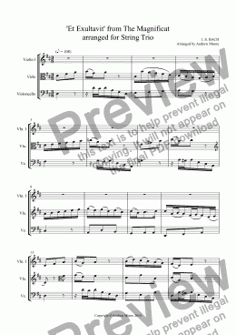 page one of ’Et Exultavit’ from The Magnificat  arr. String Trio Violin.Viola & Cello