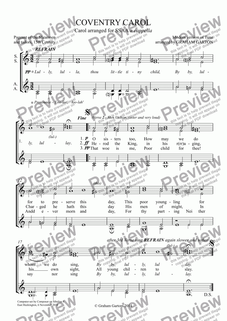 page one of CAROL - ’COVENTRY CAROL’ arranged for SSAA a cappella