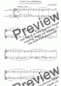 page one of O Little Town of Bethlehem (for clarinet (Bb) duet, suitable for grades 2-6)