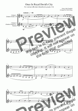 page one of Once In Royal David’s City (for clarinet (Bb) duet, suitable for grades 2-6)