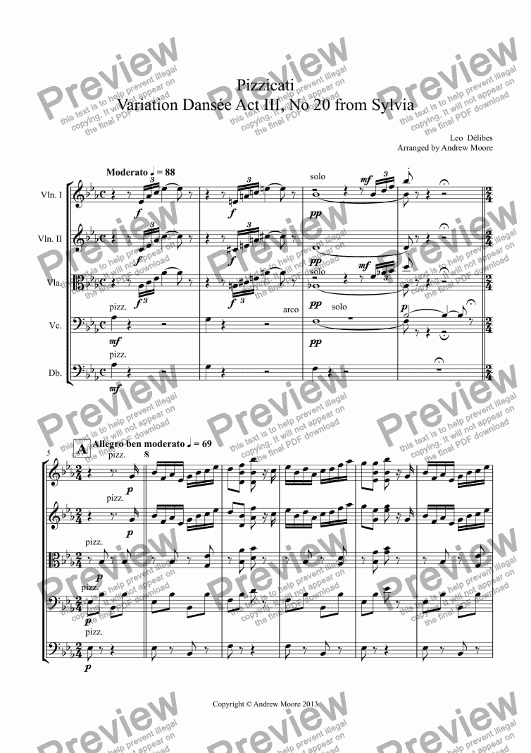 page one of Pizzicati Variation Dansée Act III, No 20 from Sylvia