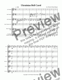page one of Ukrainian Bell Carol (Carol of the Bells) - for Clarinet Choir
