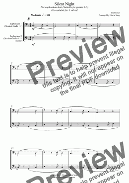 page one of Silent Night (for euphonium duet (bass clef, 3 or 4 valved), suitable for grades 1-5)