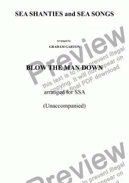 page one of SEA SHANTIES and SEA SONGS - BLOW THE MAN DOWN arranged for SSA unaccompanied
