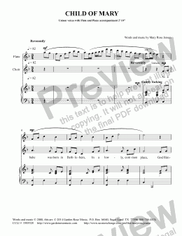 page one of Child of Mary - Children’s Choir anthem for Christmas (unison with keyboard & flute)