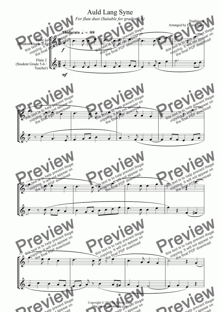 page one of Auld Lang Syne (for flute duet, suitable for grades 2-6) (14BFLDU02)