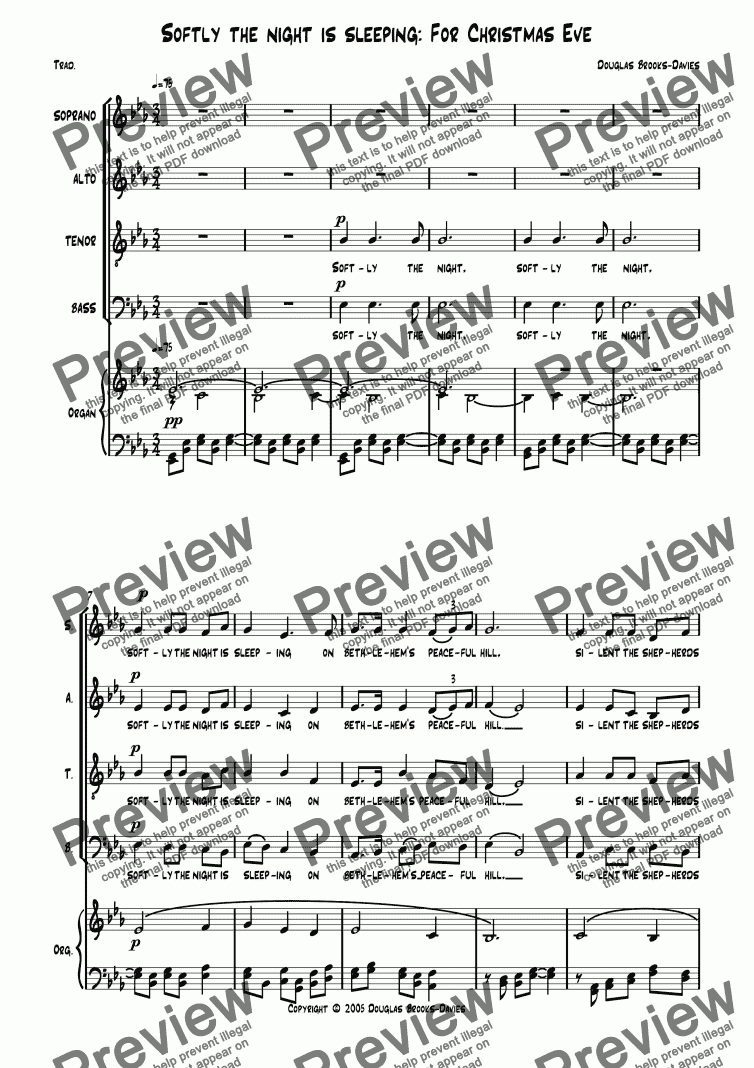 page one of BROOKS-DAVIES: Softly the night is sleeping: For Christmas Eve. SATB + keyboard. Revised 2014.