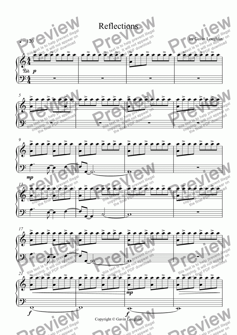page one of Reflections - solo piano