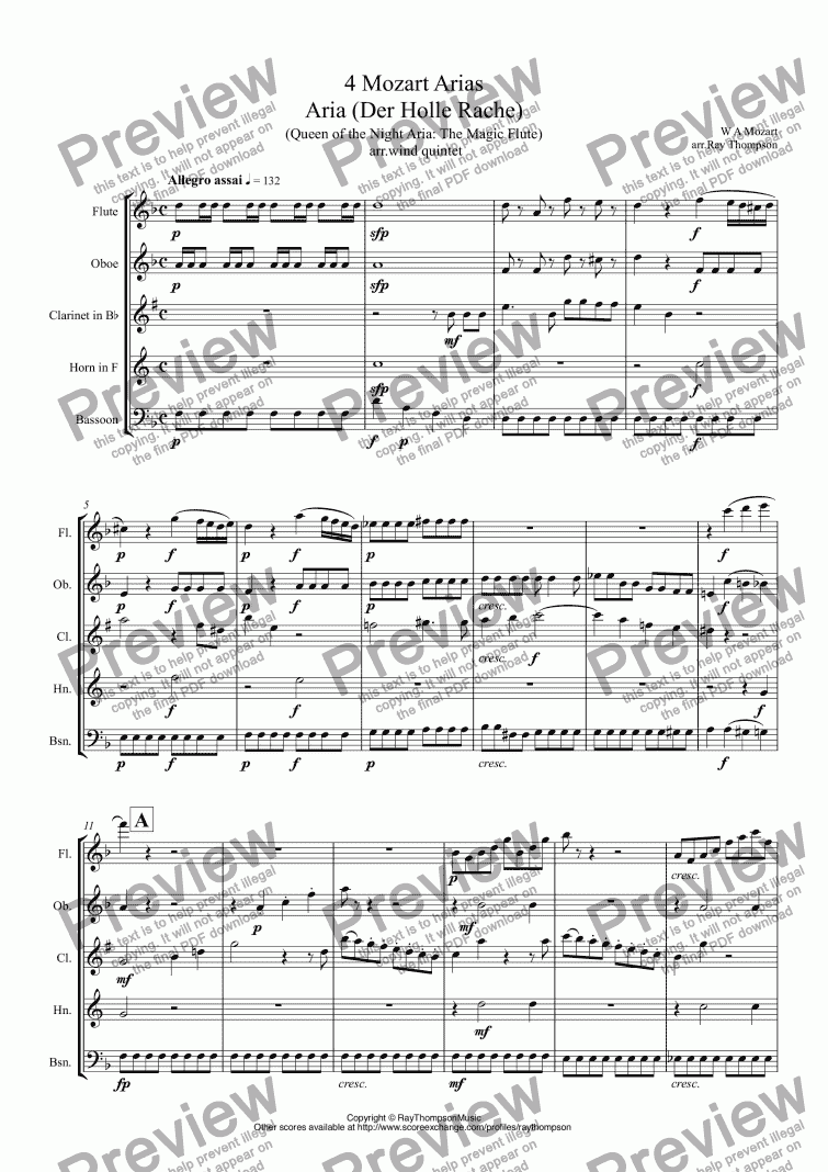 page one of Mozart: 4 Popular Operatic Arias : arranged wind quintet