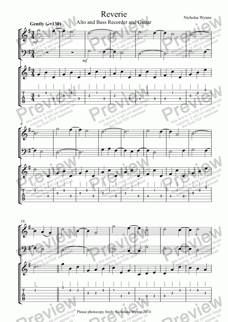 page one of Reverie for Alto and Bass Recorder and Guitar