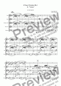 page one of Debussy: 4 Piano Preludes Bk.1  II. "Voiles", VI. Des pas sur la neige, VIII.La fille aux cheveux de lin,  XII. Minstrels: arr.wind quintet  