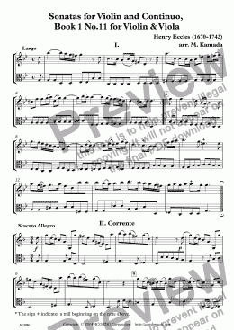 page one of Sonatas for Violin and Continuo, Book 1 No.11 for Violin & Viola