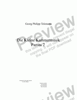 page one of GP Telemann Kleine Kammermusik Partita 2 for SATB Recorders