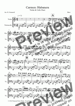 page one of Carmen: Habanera: Violin & Cello Duet