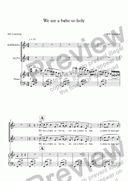 page one of "We see a babe so holy" for SA choir & piano