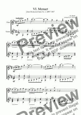 page one of Menuet from Suite No. 2, BWV 1067 for flute and guitar