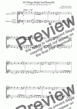 page one of All Things Bright And Beautiful (for violin duet, suitable for grades 1-5) (151VNDU01)