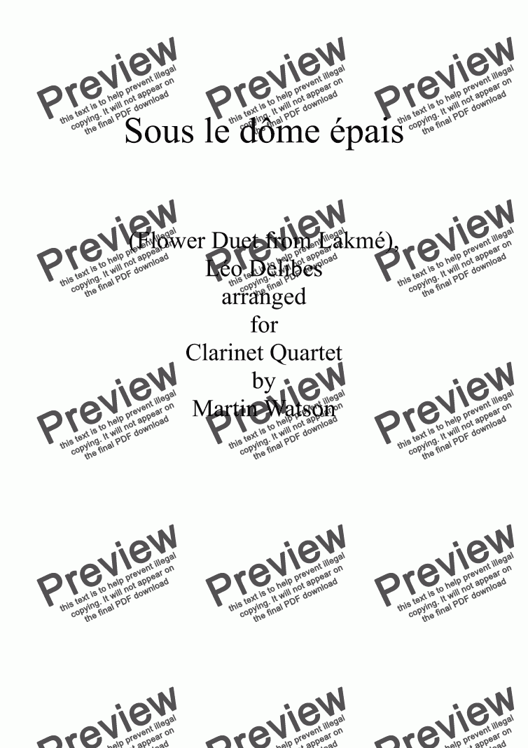 page one of Delibes’ Flower Duet, Sous le dôme épais for Clarinet Quartet.