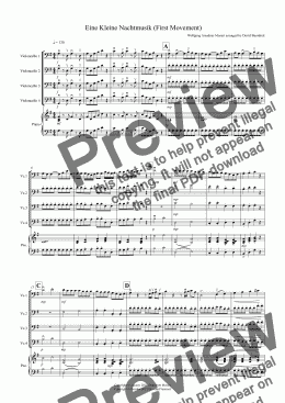 page one of Eine Kleine Nachtmusik (1st Movement) for Cello Quartet