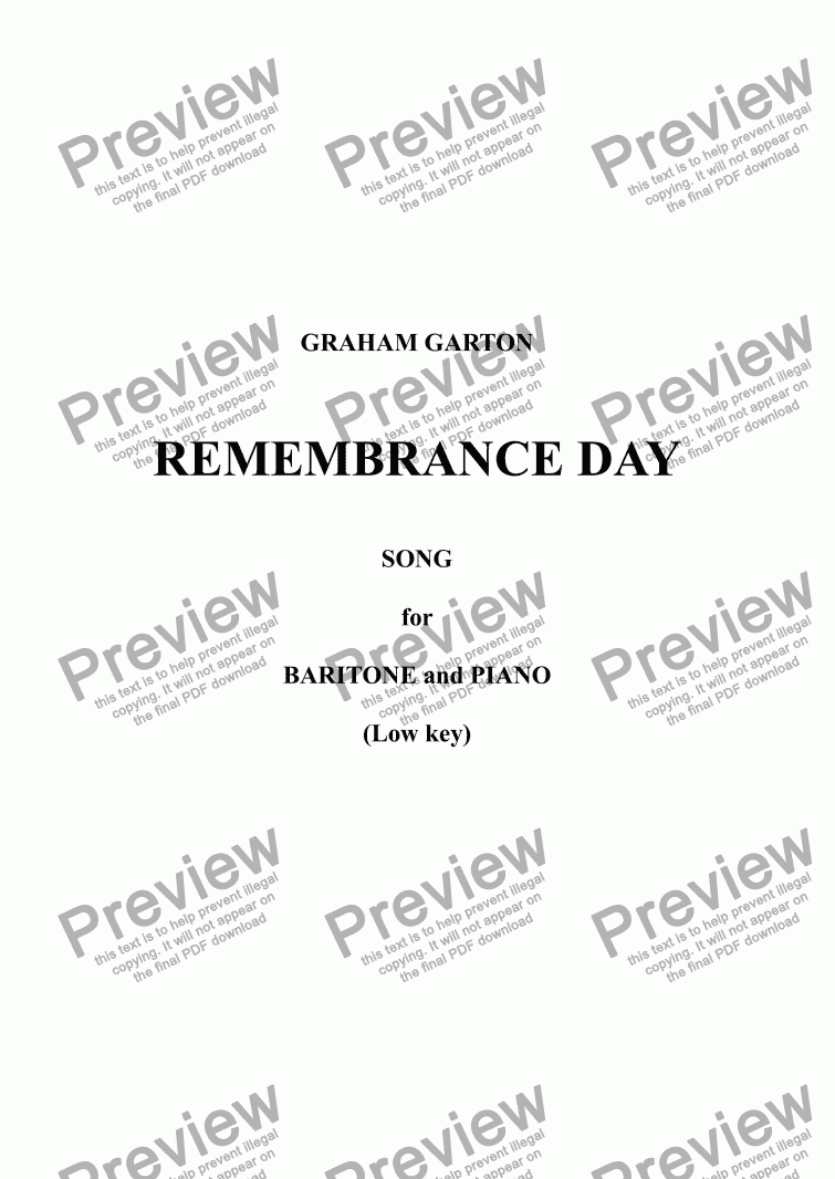 page one of SONG - 'REMEMBRANCE DAY' for Baritone and Piano (Low Key) - Words: J. R. Heron Re WW I & II