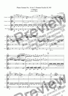 page one of Mozart: Piano Sonata No. 16 in C (Sonata Facile) K.545 Mvt. I.Allegro - clarinet quartet