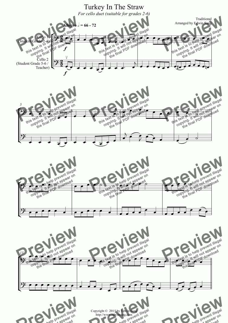 page one of Turkey In The Straw (for cello duet, suitable for grades 2-6) (151CODU04)