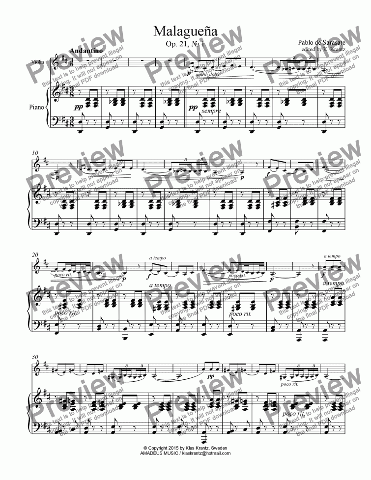 page one of Malagueña Op. 21, No. 1 for violin and piano