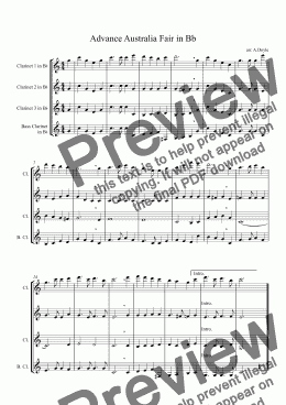 page one of Advance Australia Fair in Bb - clarinet quartet