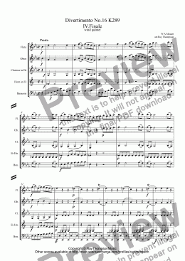 page one of Mozart: Divertimento No.16 in Eb K289 Mvt. IV.Finale arr.wind quintet