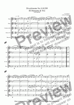 page one of Mozart: Divertimento No.16 K289 II.Menuetto & Trio arr.wind quintet