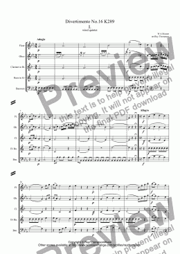 page one of Mozart: Divertimento No.16 K289 in Eb (complete) arr.wind quintet
