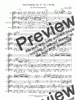 page one of Albéniz - “Sevilla” from Suite Española (for Woodwind Quartet)