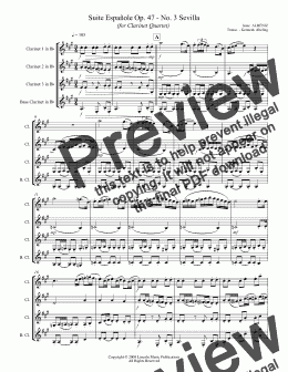 page one of Albéniz - “Sevilla” from Suite Española (for Clarinet Quartet)