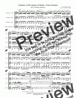 page one of Handel - Arrival of the Queen of Sheba – from Solomon (for Clarinet Quartet)
