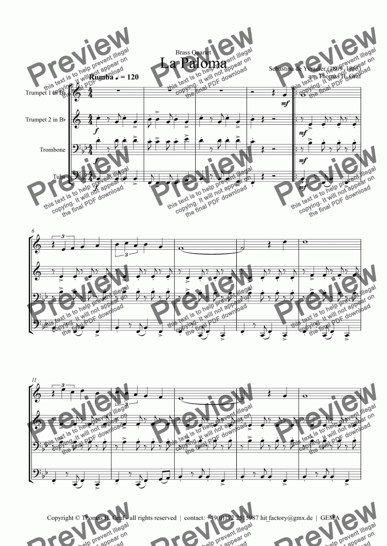 page one of La Paloma - Spanish Habanera - Brass Quartet