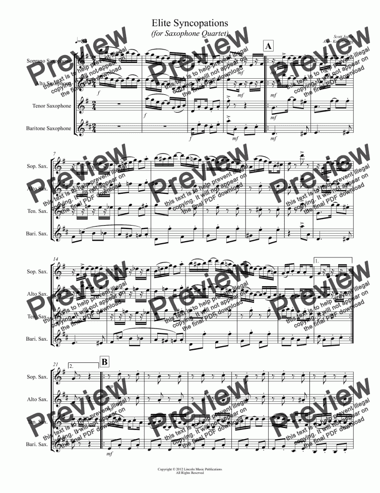 page one of Joplin - Elite Syncopations (for Saxophone Quartet SATB)