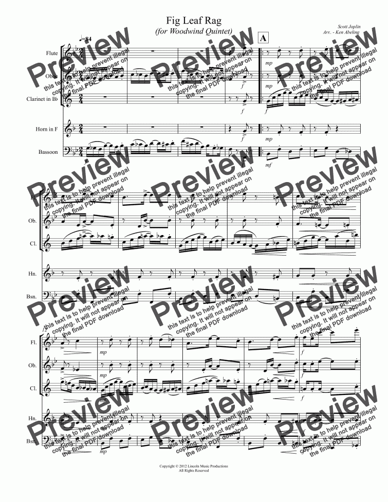 page one of Joplin - Fig Leaf Rag (for Woodwind Quintet)