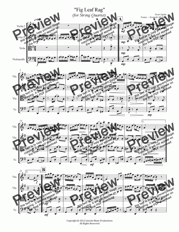 page one of Joplin - Fig Leaf Rag (for String Quartet)