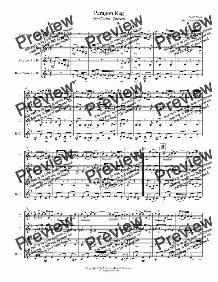 page one of Joplin - Paragon Rag (for Clarinet Quartet)