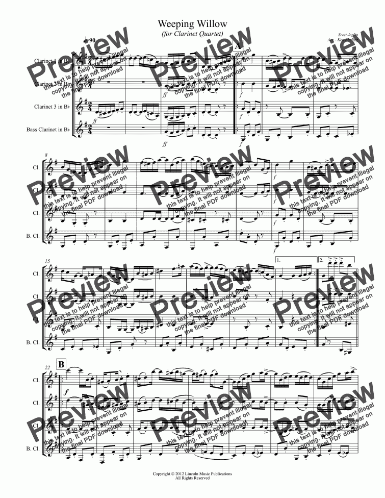 page one of Joplin - Weeping Willow (for Clarinet Quartet)