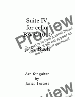 page one of Suite IV for cello BWV 1010 on guitar