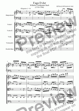 page one of Fuga in D dur for Harpsichord and String orchestra, Arrangement by Setrak Setrakian