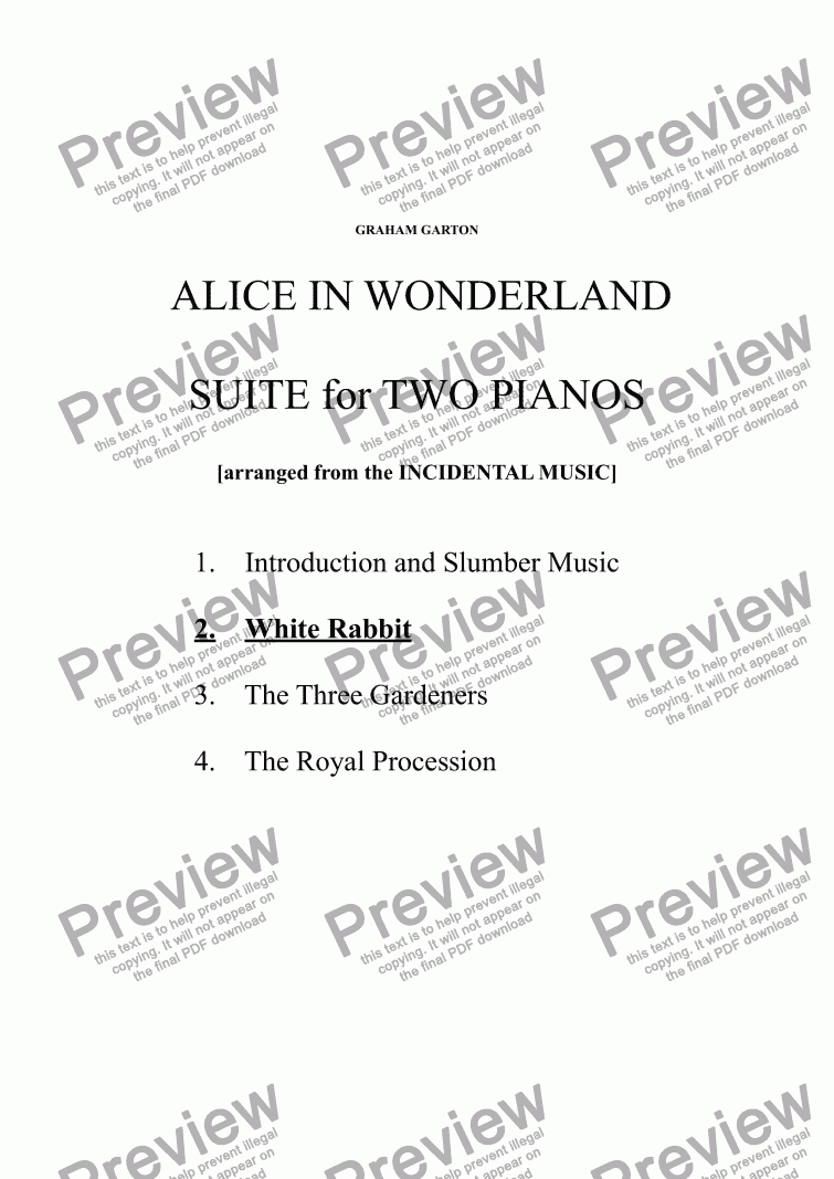 page one of PIANO MUSIC - ALICE IN WONDERLAND - SUITE for TWO PIANOS (4 Mvts) No. 2 WHITE RABBIT’S ENTRY (arranged from the INCIDENTAL MUSIC)