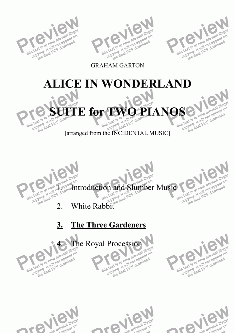 page one of PIANO MUSIC - ALICE IN WONDERLAND - SUITE (4 Mvts.) for TWO PIANOS No. 3 THE THREE GARDENERS - Fugato (arranged from the INCIDENTAL MUSIC)