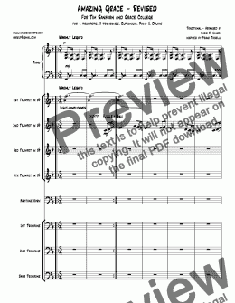 page one of Amazing Grace - Revised For Tim Sanborn and Grace College for 4 trumpets, 3 trombones, Euphonium, Piano & Drums