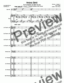 page one of Amazing Grace For Tim Sanborn and Grace College for 4 trumpets, 4 trombones, Euphonium, Piano & Drums