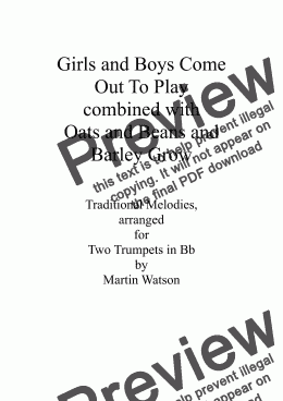 page one of Girls and Boys Come Out To Play combined with Oats and Beans and Barley Grow for Two Trumpets in Bb.