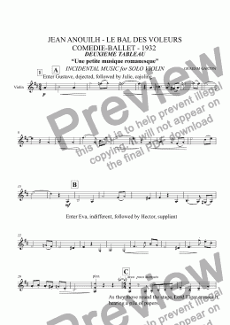 page one of INCIDENTAL MUSIC - JEAN ANOUILH - LE BAL DES VOLEURS  COMEDIE-BALLET - 1932 Deuxieme Tableau for Solo Violin