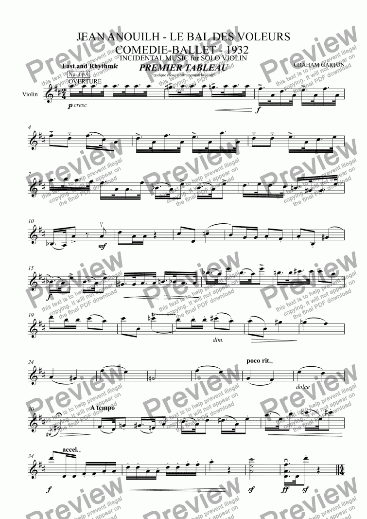 page one of INCIDENTAL MUSIC - JEAN ANOUILH - LE BAL DES VOLEURS COMEDIE-BALLET - 1932 Premier Tableau for Solo Violin