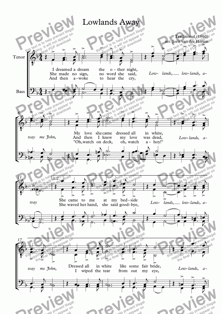 page one of Lowlands Away [sea shanty] (choir TTBB)